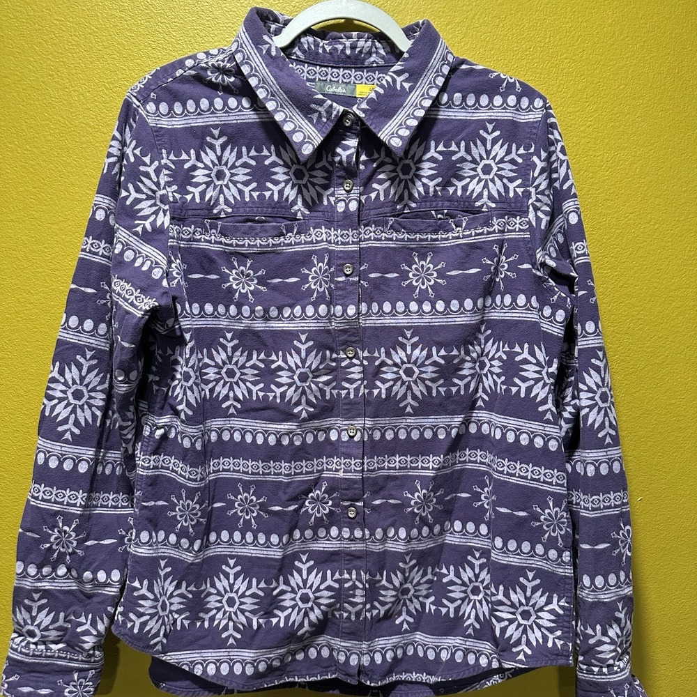 Cabela's Button Front Flannel Shirt Womens Sz Large Purple Nordic Print Cotton